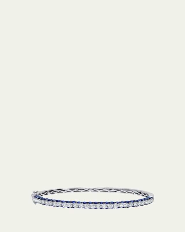 18K White Gold 3-Sided Diamond and Blue Sapphire Bangle Bracelet